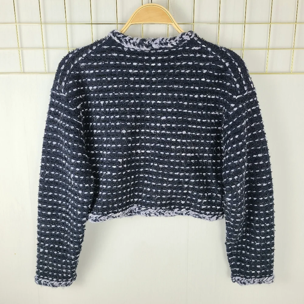 J. Crew Cropped Marled Yarn Navy Blue Merino Wool Alpaca Lady Jacket Blazer - Picture 4 of 13